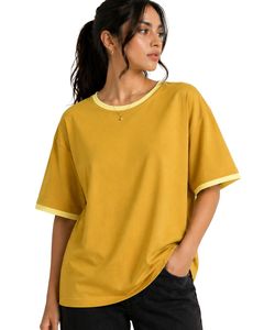 T-shirt surdimensionné personnalisé jaune moutarde pour femme, col rond décontracté, manches courtes, bordure contrastante, coupe ample, doux et respirant, idéal pour l'été - Product Image 1