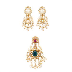 Fashion Jewelry Set Golden Pearls with Guttapusalu Style Pendant and Earrings - Product Image 2