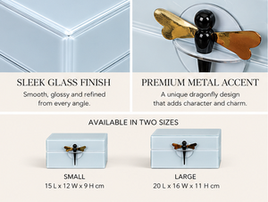 Powder Blue Glass Jewelry Storage Box Set with <b>Black</b> Dragonfly Handle Glossy Finish Soft Lining Decorative Keepsake Organizer - Product Image 3