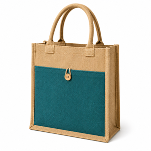 Sac fourre-tout moyen en jute AMANI avec fermeture à bouton, motif lettres, poignée longue – Idéal pour cadeaux et courses - Product Image 1
