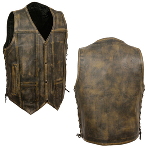 Distressed Brown Cowhide Men's Vintage Leather <b>Vest</b> with 10-Pocket System Side Lacing V-Neck Four-Snap Front Autumn Outerwear - Product Image 2