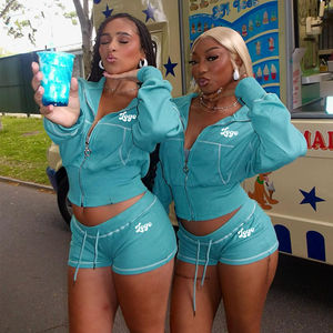 2026 Spring Women's Tracksuit Waffle Knit 2 Piece Set Custom <b>Long</b> Sleeve Hooded Short Pants Loungewear <b>Matching</b> Set for Women - Product Image 1