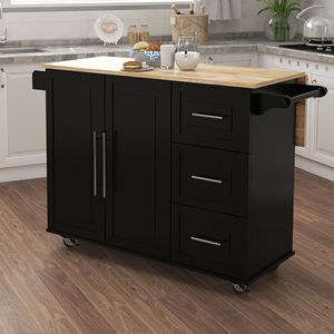 Isola da Cucina in Legno Massello con Piano Estensibile Nero, Dotata di Portaspezie e Portasciugamani - Product Image 1