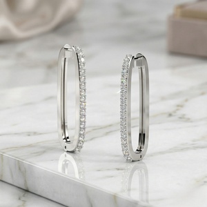 1.00CTW Round Cut Diamond Pave Set Elongated Hoop Earrings in <b>Solid</b> <b>Gold</b> for Women Elegant Oval Shape Hinged <b>Huggie</b> Jewelry Gift - Product Image 1