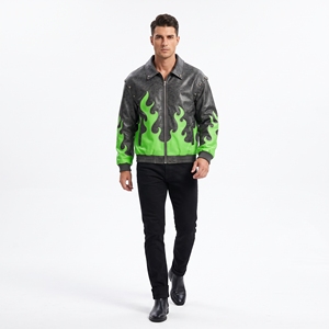 Dumela Men's White Genuine Bomber Jacket Blue Flame Print <b>Turn</b>-down Collar Single <b>Button</b> Closure Autumn Moto Style Quick Dry - Product Image 6