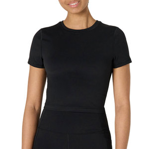 Camiseta Corta Negra Lisa para Mujer, Protección Solar, Resistente al Sudor, Material de Textura Suave, Transpirable, Cómoda - Product Image 1