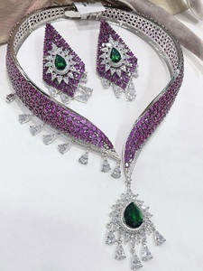 Alluring Premium Quality Brass Silver Plated CZ <b>Statement</b> Collar <b>Necklace</b> Earrings Set Women's Designer for Wedding Gift Party - Product Image 3