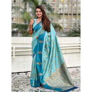 Sari en soie douce bleu ciel Elite Weaves, tissé en zigzag avec des motifs Zari, pour une tenue de soirée, 650g - Product Image 1