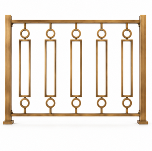 Geometric Gold Tone Metal <b>Staircase</b> Railing with Rectangular Frame and Circular Ring Balusters for Modern Interiors - Product Image 3