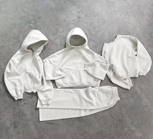 Unisex <b>White</b> Cotton Tracksuit Two <b>Piece</b> Hoodie Jogger <b>Set</b> Full Length Loose Fit Casual Autumn Wear With Side Pockets Zipper Fly - Product Image 5