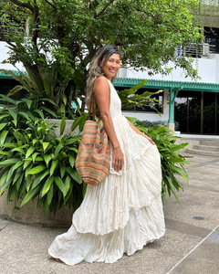 Luxury V-neck Boho Maxi <b>Dress</b> Smocked Waist Backless Tiered Ruffle White Knitted Organic Cotton Eco-Friendly Sexy Summer <b>Dress</b> - Product Image 3