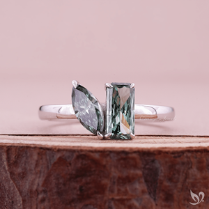 Marquise and Radiant Cut Green Lab Grown Diamond Toi et Moi <b>Ring</b> <b>Two</b> <b>Stone</b> Engagement <b>Ring</b> Ready to Ship Minimal Bridal <b>Ring</b> - Product Image 1