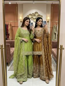 Fendy Silk <b>Sequin</b> Kurta Pearl Latkan Palazzo Pants Elastic Waist Co Ord Fully Stitched Women Ethnic Salwar Suit Set - Product Image 5