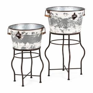 Cubeta para Bebidas Galvanizada Blanca con Soporte, Cubitera Metálica Estilo Rústico, Enfriador de Vino y Cerveza Vintage para Fiestas y Eventos - Product Image 1