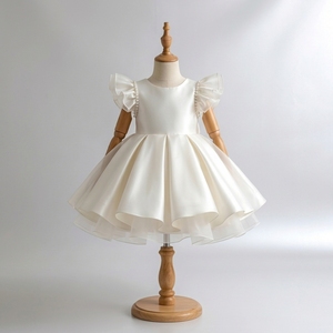 Robe de Soirée de Luxe pour Filles Radiance, en Satin Ivoire avec Manches à Volants et Bordure de Perles, Robe de Fête pour Enfants, Vêtements d'Occasion, Personnalisable OEM ODM - Product Image 1