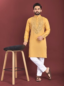 Kurta brodé jaune moutarde pour homme avec churidar blanc pour les occasions de mariage, tenue traditionnelle indienne et pakistanaise, coupe classique - Product Image 1