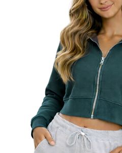Sudadera con capucha corta personalizada para mujer, con cremallera, manga larga, informal, de felpa suave, estilo urbano, color verde oscuro, para otoño e invierno. - Product Image 5