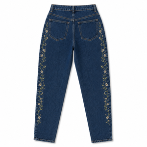 Jeans Acampanados con Bordado Floral en Degradado Azul y Negro para Mujer, Cintura Alta, Elásticos, Lavado Claro Vintage, Casuales, Otoño Invierno, Estilo Urbano - Product Image 2
