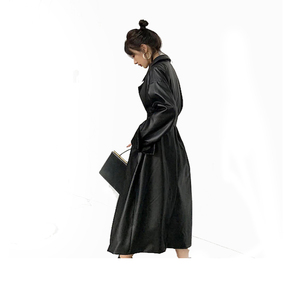 Women's Black PU <b>Leather</b> <b>Long</b> Trench Coat With Belt Turn-down Collar Full Sleeve Autumn Style Minimalist Design - Product Image 4