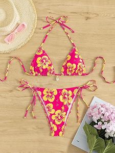 Women's Beach Dress Bikini in Spandex/Polyester Fabric Halter Neck Floral Pattern <b>V</b>-<b>Strings</b> Bottom Regular Fit 2-Piece Set - Product Image 4