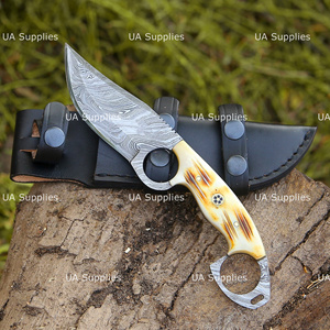 Cuchillo de acampada de hoja fija de acero de Damasco de grado industrial UA Supplies, mango de cuero, punta caída, 0.5mm de grosor, 9 pulgadas, 1 unidad - Product Image 4