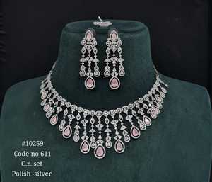 Collar y Pendientes de Circonia Cúbica Rosa 102959, Joyería Chapada en Rodio con Diseño Tikka Mehandi para Bodas y Fiestas - Product Image 1
