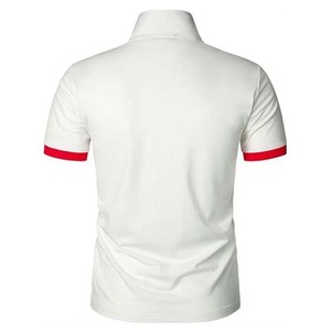 เสื้อโปโลแขนสั้นสีขาวสำหรับผู้ชาย สีพื้น ลำลอง ผ้าถัก กระดุมด้านหน้า ทรงปกติ แต่งขอบสีแดง - Product Image 3