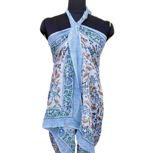 Floral Hand Block Printed Cotton Sarong Scarf Geometric Border Reversible Front Lightweight <b>Beach</b> <b>Wrap</b> Stole - Product Image 3