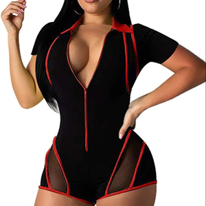 Women Black Red Trim Deep <b>V</b> <b>Neck</b> Short Sleeve <b>Bodysuit</b> With Zipper And Mesh Panels - Product Image 1
