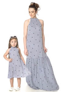 Summer Wear Floral Mum & Me <b>Matching</b> Blue & White Sleeveless Striped <b>Long</b> Maxi Dress Set Crafted With Soft Cotton Fabric - Product Image 3