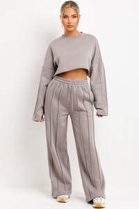 Women Gray 2 Piece <b>Tracksuit</b> Set Crop Top With Full Length Sweatpants Solid Color Casual Loose Fit Drawstring Waist Joggers - Product Image 4