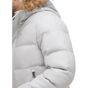 Veste d'hiver décontractée pour homme en duvet blanc avec capuche en fourrure, coupe régulière, fermeture éclair, couleur unie, coupe-vent - Product Image 5