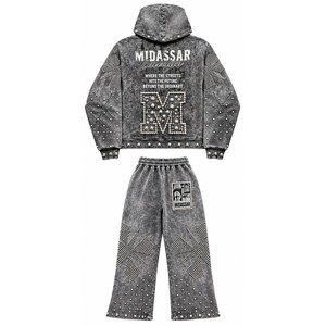 Ensemble de survêtement décontracté d'hiver 100% coton avec fermeture éclair, motif géométrique, strass, 450 GSM - Product Image 3