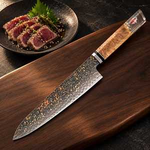 Cuchillo de chef de acero de Damasco de 8 pulgadas con punta caída y borde biselado, mango de madera con incrustaciones de resina, cuchillo de cocina - Product Image 6