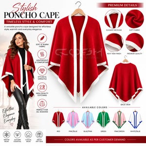 Cosh International Sisterhood Sorority Red Knitted <b>Poncho</b> With White Trim V-Neck Sleeveless Winter Sweater Thick Acrylic Elegant - Product Image 6