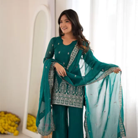Setelan Kurta Sutra Kerut dengan Payet Zari, Dupatta Renda Mewah, Celana Bell Bottom, Pakaian Etnik Jahit, Payet Zari