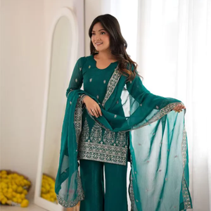 Crunchy Silk Kurta Suit Set Sequence Zari Work Fancy Lace Dupatta Bell Bottom Pant <b>Stitched</b> Ethnic <b>Dress</b> Outfit Sequence Zari - Product Image 1