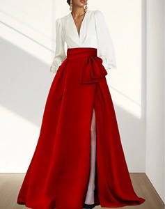 Elegante Vestido de Fiesta Blanco de Satén con Cuello Alto y Manga Larga, Corte en A, Largo hasta el Suelo, Falda con Contraste Amarillo, Cintura Imperio y Cola Capilla - Product Image 5