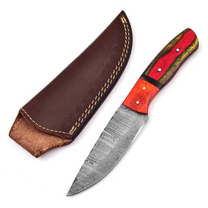 Cuchillo de Caza Hecho a Mano de Acero de Damasco de A&M Enterprises con Mango de Madera Multicolor Rojo Anaranjado y Funda de Cuero, Cuchillos Utilitarios - Product Image 5