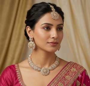 Luxury <b>Ruby</b> Emerald American Diamond Choker <b>Necklace</b> Set with Earrings and Maang Tikka Gold Plated Bridal Wedding Jewelry Set - Product Image 3