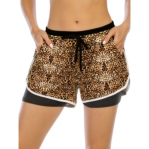 Shorts Deportivos de Cintura Alta con Estampado de Leopardo para Mujer, con Cordón Ajustable, Bolsillos, Forro Transpirable de Doble Capa, Ajustados y Sólidos - Product Image 1
