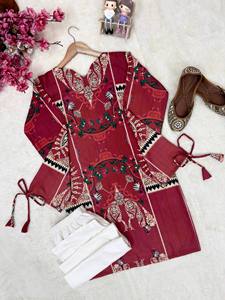 Conjunto de Kurti de Rayón y Algodón para Mujer, Blusa y Pantalones con Estampado Floral, Cuello en V, Manga Larga, Ropa Formal Elegante - Product Image 5