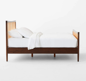 Cadre de lit moderne en teck massif avec tête et pied de lit en rotin naturel tressé, mobilier de chambre minimaliste et contemporain - Product Image 2