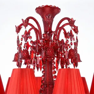 Lustre en cristal rouge importé, 14 lumières, abat-jour en tissu de luxe, lampe de plafond pour salon, hôtel, villa, décoration - Product Image 6