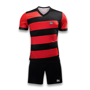 Custom Men's Red Black Striped Soccer Jersey Set V-Neck Short Sleeve Breathable Printed <b>Moisture</b> Wicking Polyester Uniform - Product Image 1