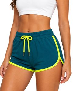 Shorts de sport pour femmes vert sarcelle avec bordure jaune fluo, séchage rapide, respirant, pour la gym, le fitness, décontracté, été, vêtements de sport actifs - Product Image 1
