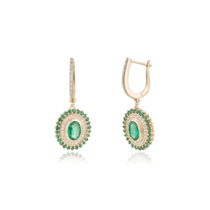 Hot Set Top Quality 14K Pure Yellow Gold Zambian Emerald & Diamond Lever <b>Back</b> Hoop Drop <b>Earrings</b> Bridesmaid Gift Jewelry - Product Image 3