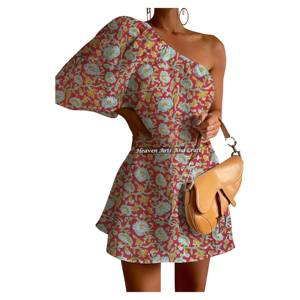 Robe asymétrique en coton pour femme, à manches bouffantes, imprimée à la main, sexy, pour la nuit, été, automne, printemps, style décontracté, très vendue - Product Image 5