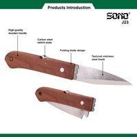 Couteau de jardinage SONO J23 de haute qualité, brun, ultra-affûté, pliable, à bord plat, lame en acier inoxydable de 60 mm, manche en bois antidérapant