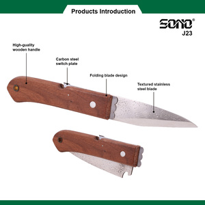 Couteau de jardinage pliable SONO J23 de haute qualité, lame en acier inoxydable ultra-affûtée de 60 mm, bord plat, manche en bois. - Product Image 2